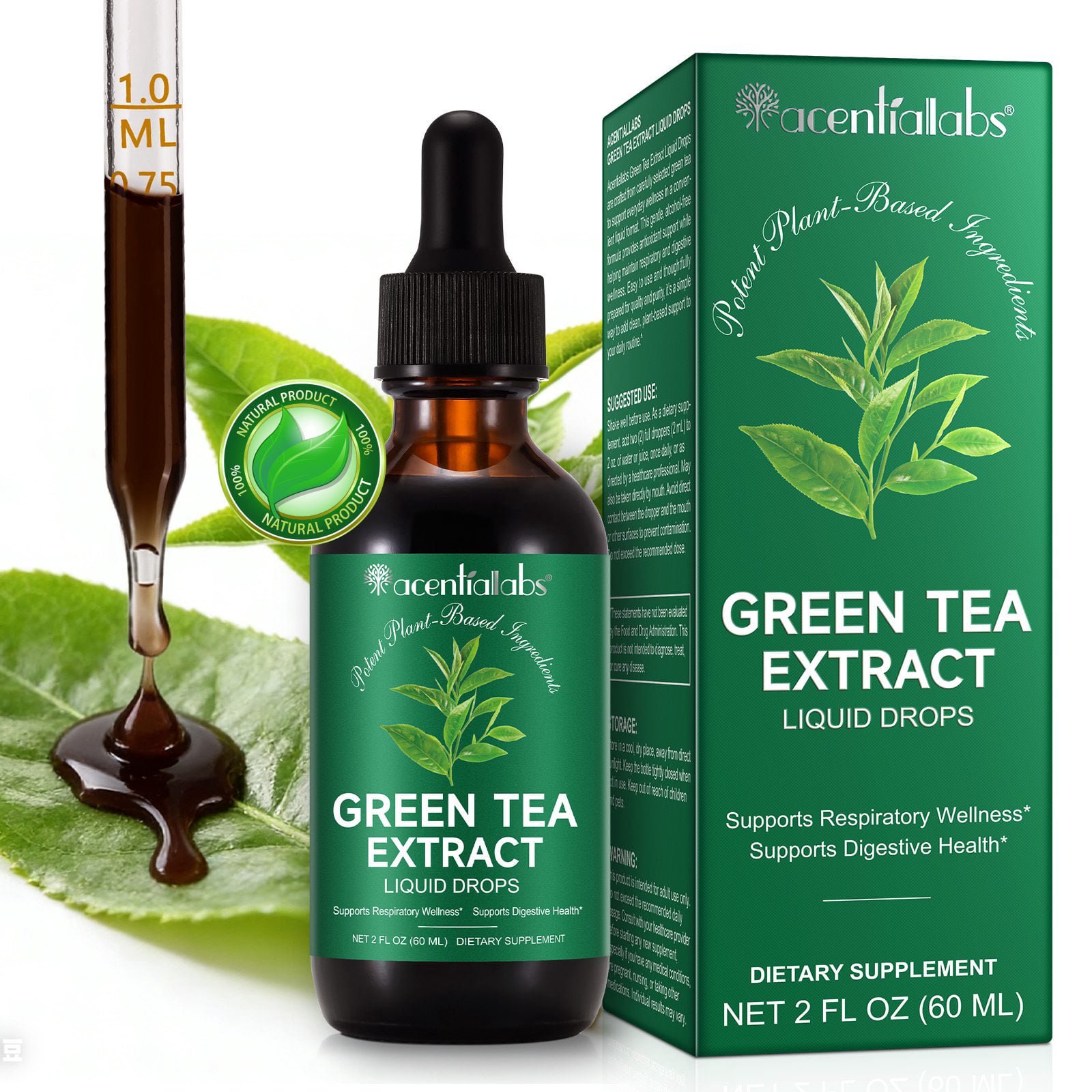 Green Tea Liquid Drops, 500mg Green Tea 10:1 Extract with 50% EGCG, Vegan Liquid Supplement, Supports Antioxidant, Respiratory & Digestive Wellness, 2 fl oz