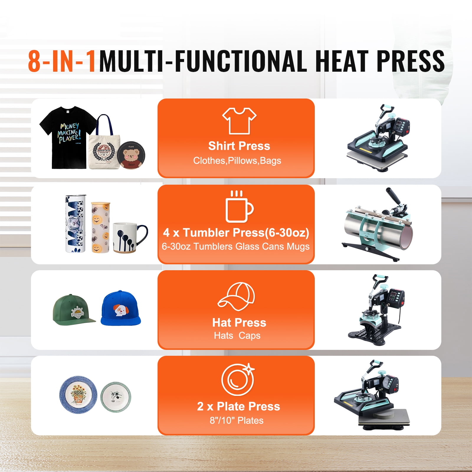 KFFKFF Heat Press, 12x15 inch, 8-in-1 Transfer Device with 30 oz Cup Press, Swivels 360°, Digital Control for T-Shirts/Mugs/Caps/Dishes, Teflon-Coated, Black and Green