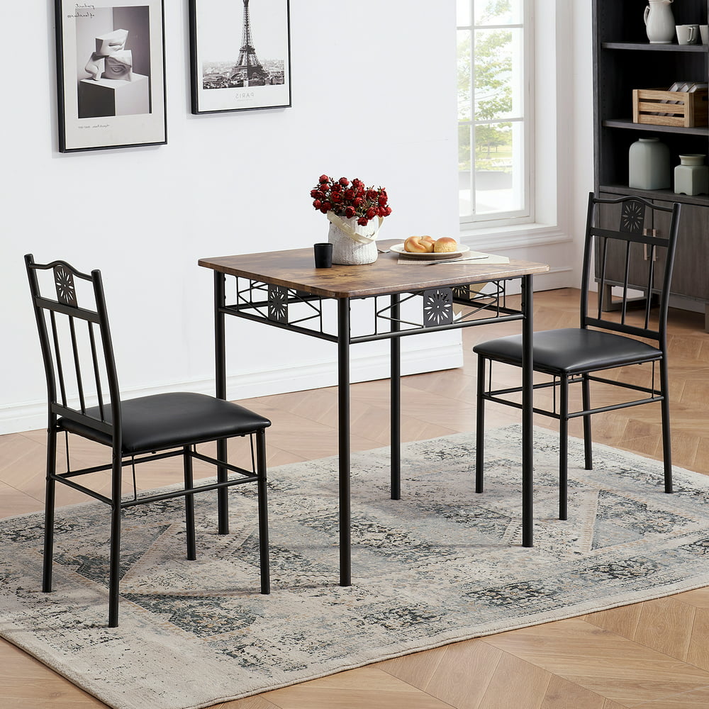 VECELO 3-Piece Wood & Metal Dining Table and Chair Set Dining Room