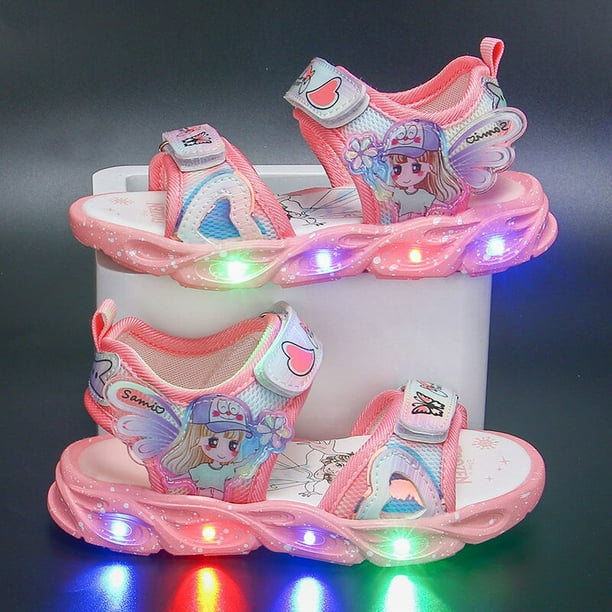 Zapatos de verano para niños de Disney, sandalias con punta de malla para niñas elsa, zapatos de playa a la moda, sandalias con luz led de fondo suave de princesa congelada, plantilla de 16,6 CM Gao Jinjia LED