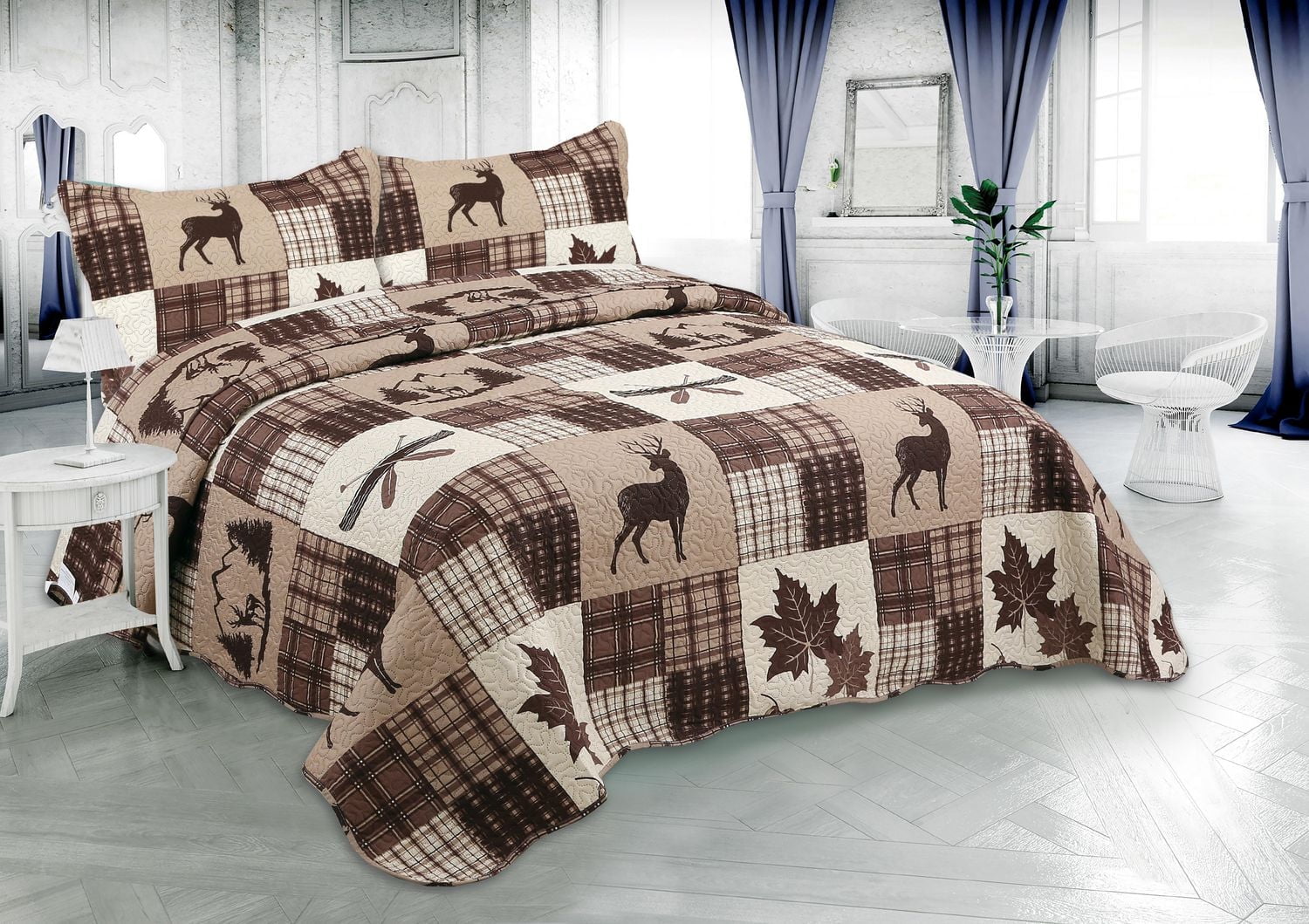 Marina Decoration Rich Printed Embossed Pinsonic Coverlet Bedspread Ultra Soft Bedding Summer Quilt Set with Shams, Brown Cabin Maple Deer Plaid Pattern