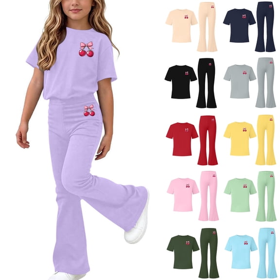 Teen Girls 2-Piece Outfit, Graphic Short Sleeve T-Shirt and Flared Wide Leg Pants Casual Set for 5-15 Years Yellow