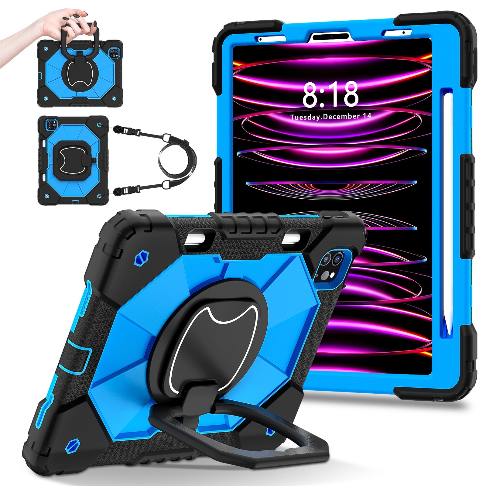 Dteck with Pencil Holder Case for iPad Pro 11-inch 4th 3rd 2nd 1st Gen,iPad Air 5th/4th Generation Heavy Duty Silicone Case 360 Degree Rotating Handle Stand Cover with Shoulder Strap,Black+Blue