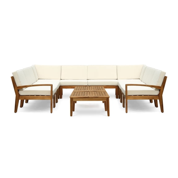 GDF Studio Parma Outdoor Acacia Wood 10 Seater Sectional Sofa Set with Coffee Table Set, Teak and Beige