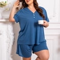 thumbnail image 2 of Domzest Womens Plus Size Short Pajama Sets V Neck Button Up Top & Drawstring Elastic Waist Shorts with Pockets 2026 Summer Loose Fit Sleepwear Sets Blue L, 2 of 7