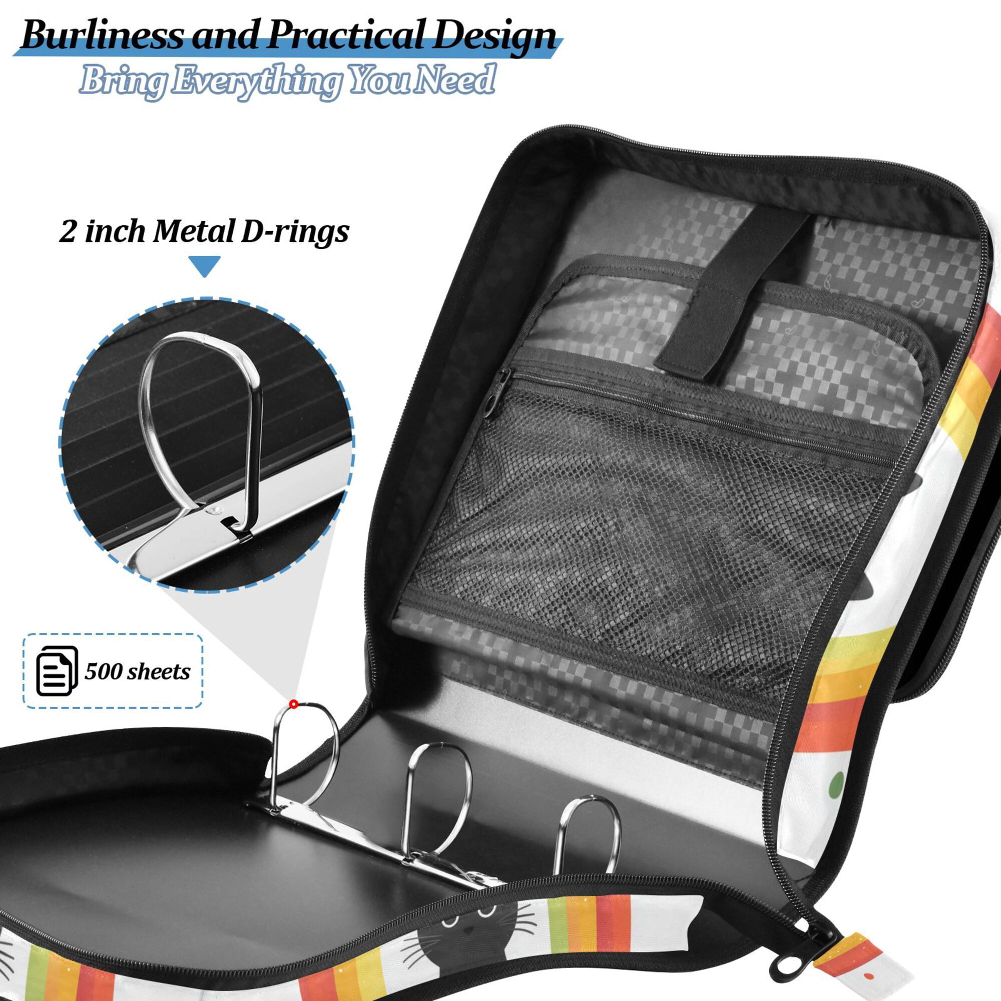 FORMRS Zipper Binder with Shoulder Strap 2-inch Ring 500 Sheet Capacity File Bag, Black Cat Rainbow