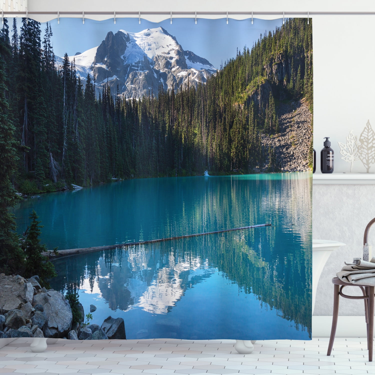 Landscape Shower Curtain, Lake in Northern Canada with Slim Trees and Snowy  Frozen Mountain Novelty, Fabric Bathroom Set with Hooks, 69W X 70L Inches,  Blue White Green, by Ambesonne 