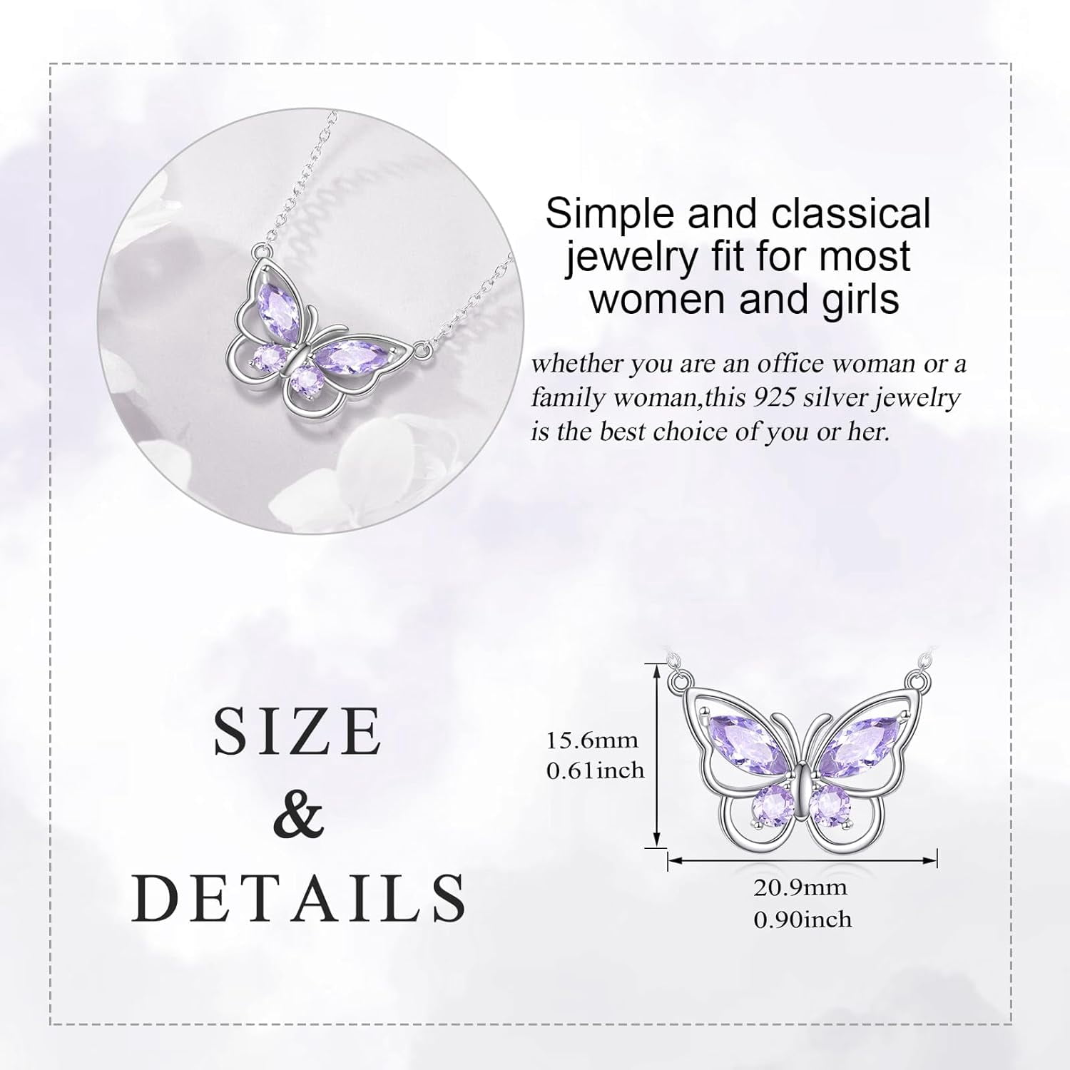 Butterfly Necklace for Women 925 Sterling Silver Crystal Butterfly Pendant Birthstone Amethyst Jewelry Gift