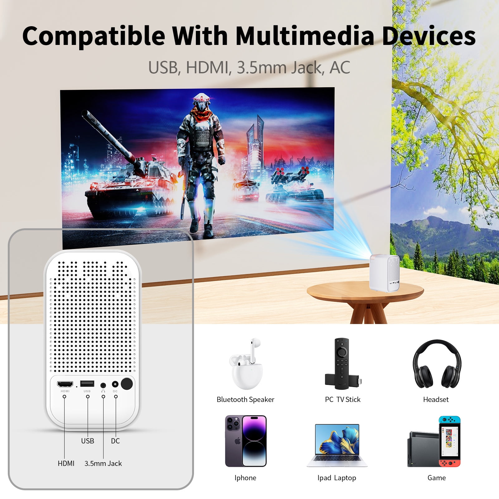 Mini Projector, Supporting 1080P High Definition Resolution, Portable Projector Screen with Projector Stand, Automatic Vertical Trapezoidal Correction,Equipped with WiFi and Bluetooth Functions,White