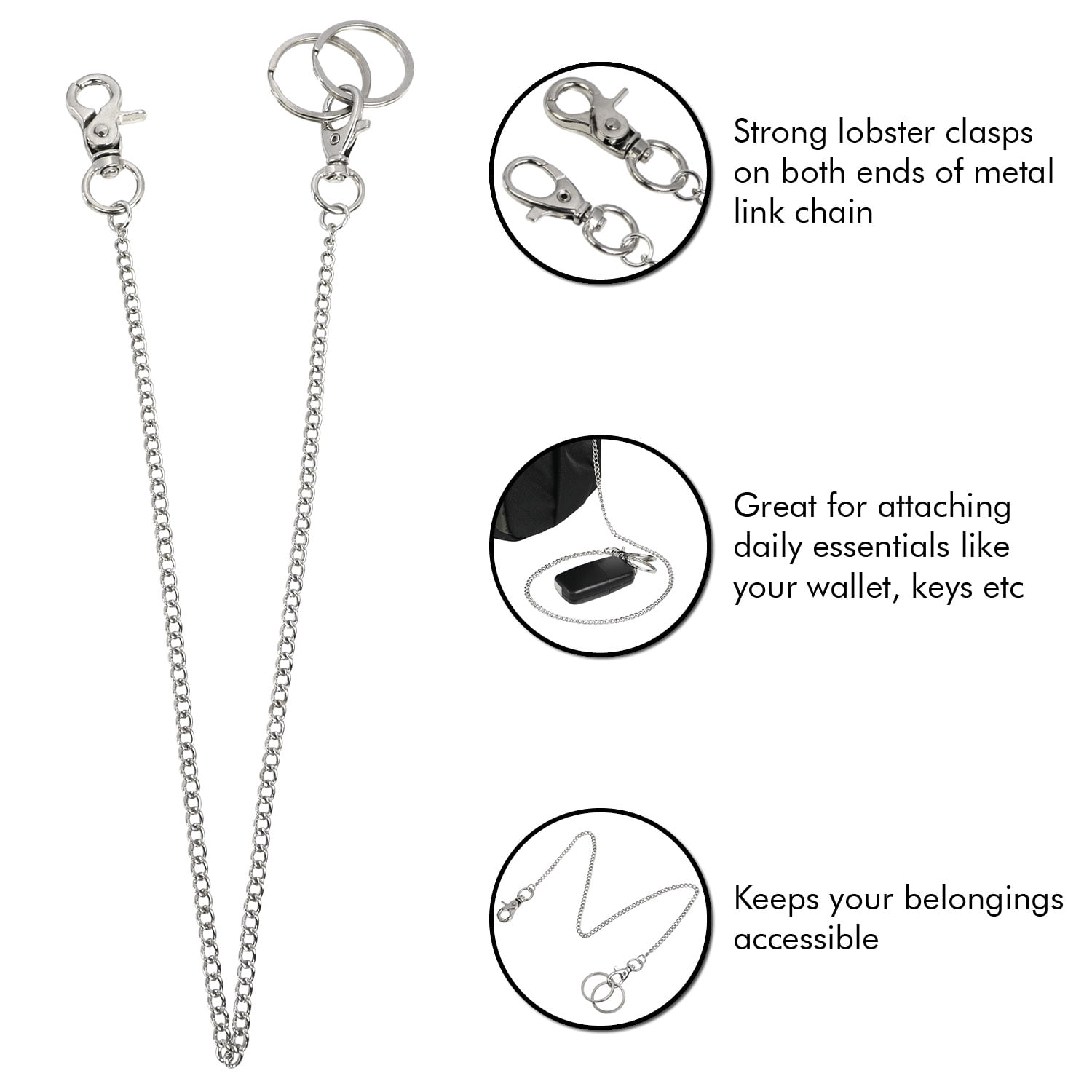 Aylifu Pocket Chain, 2 Pieces of Metal Wallet Keychain Pants Chain with Both Ends Lobster Clasps and 6 Pieces of Key Rings for Keys, Pants, Belt Loop