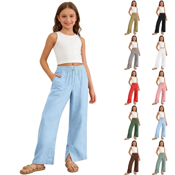 Gyexs Girls Wide Leg Linen Pants School Uniform Pants Cozy Elastic Waist Summer Casual Beach Trousers with Pockets (Light Green, 13-14 Years)