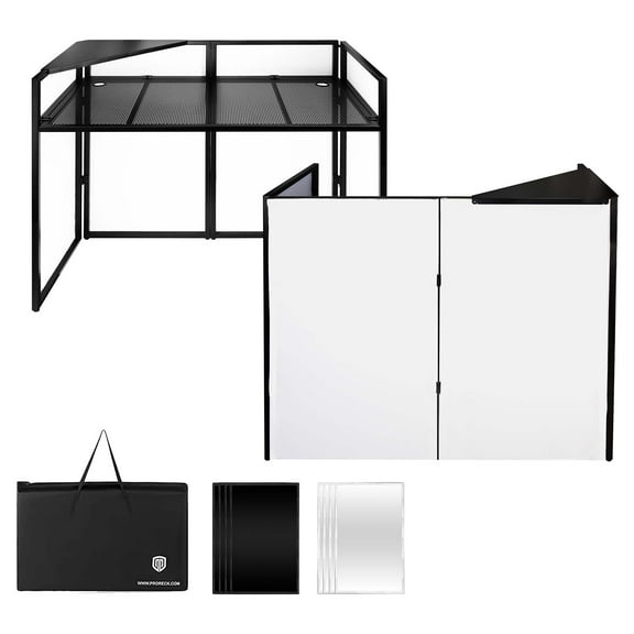 PRORECK DJ Booth Facade with Folding Table Panel - 24x48 Inch, Dual-Color Scrims, Black Metal Frame