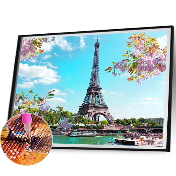 Cuadros Decorativos Paisaje de la Torre Eiffel 5D Kits de pintura de diamantes DIY Decoración de taladro redondo completo (DG392) Tmvgtek embutido en tela