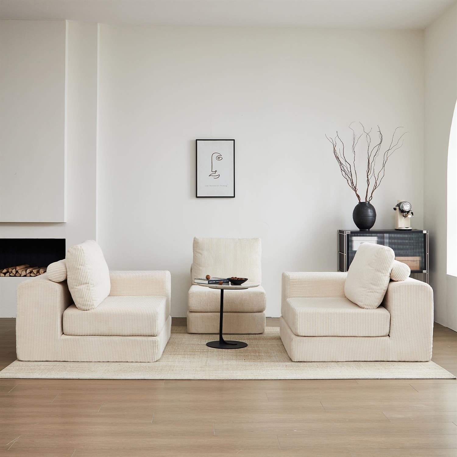 Demi Bonn108" Modular Cloud Sectional Sofa, 3-Seater Corduroy Convertible Sofa Bed, Comfortable Modern Lounge Couch for Living Room Furniture, White