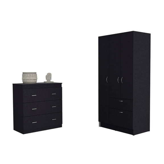 Newboti Furniture 2 Piece Bedroom Set, Cartagena Armoire & Capri Three Drawer Dresser, Black 43359