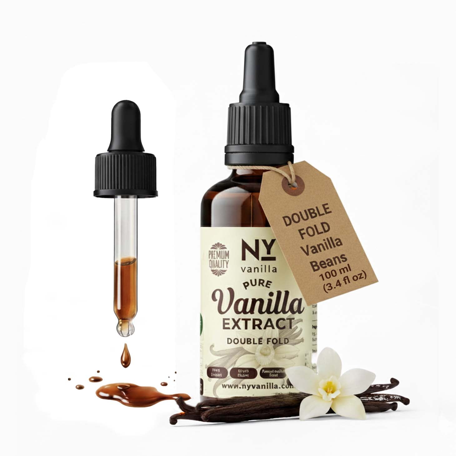 NY Vanilla Pure Vanilla Bean Extract Double Fold, 3.4 oz (100 ml), Non-GMO, No Additives, Premium Vanilla Flavor for Baking, Ice Cream, Cakes, Cookies & Cooking