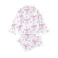 thumbnail image 4 of LEKWK 3 Piece Girls Bow Printed Pajamas Long Sleeve Button Down Tops and Pants Teen Cute Soft Silk Pjs Fashion Casual Home Sleep Loungewear, 4 of 9