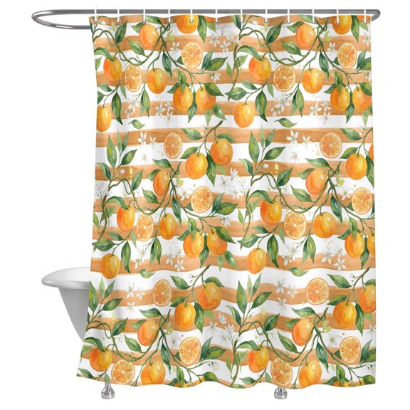 Summer Fruit Shower Curtain, Watercolor Orange White Flowers Farmhouse Lightweight Waterproof Fabric Shower Curtain with Rustproof Grommets for Bathroom Bathtub 36x78in