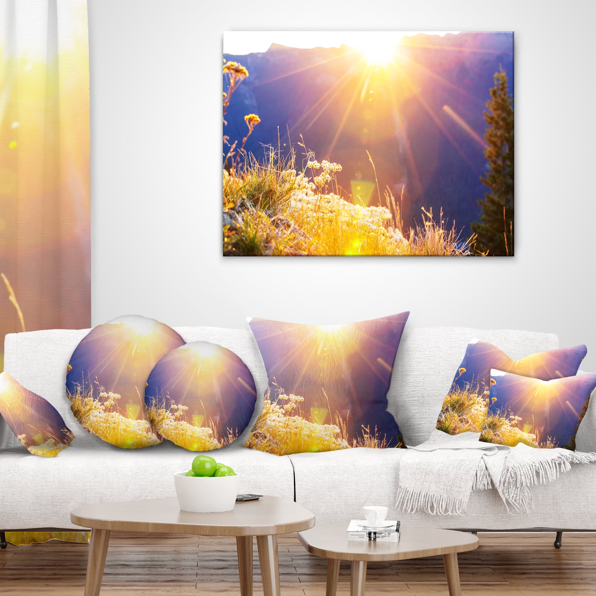 Designart Rural Meadow Flowers At Sunset - Landscape Printed Throw Pillow - 18x18