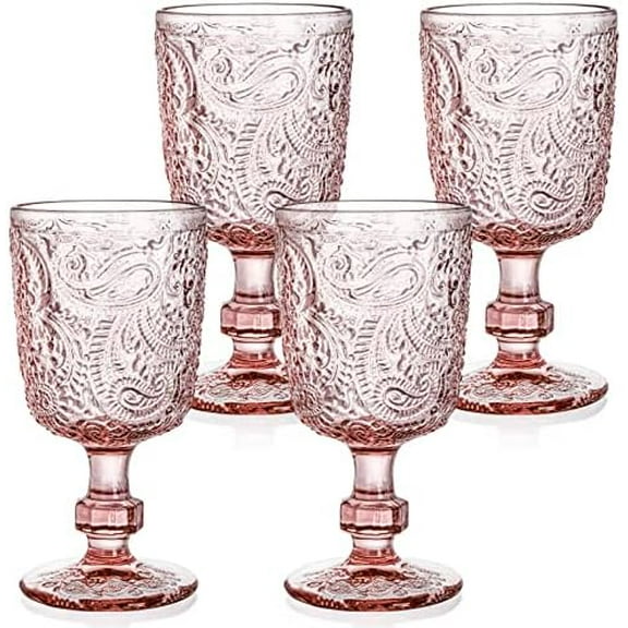 4 Pack Pink Glass Wine Goblet Vintage, 10oz Colored Beverage Stemmed Glass Cups, Embossed Glassware Set for Water, Juice, Wine,Beer and Cocktails$$Home Decor, Kitchen, & Other
