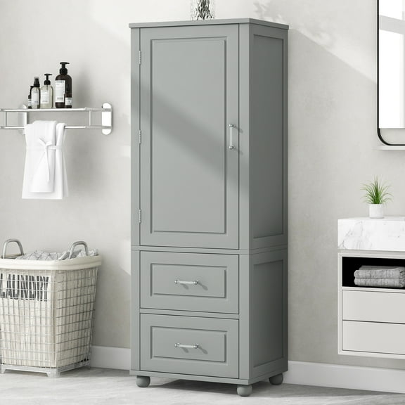 ALEXLOGER 61.4" Tall Bathroom Storage Cabinet with 1 Doors and 2 Drawer, Freestanding Linen Cabinet, Wooden Pantry with Adjustable Shelf for Kitchen, Bathroom, Living Room