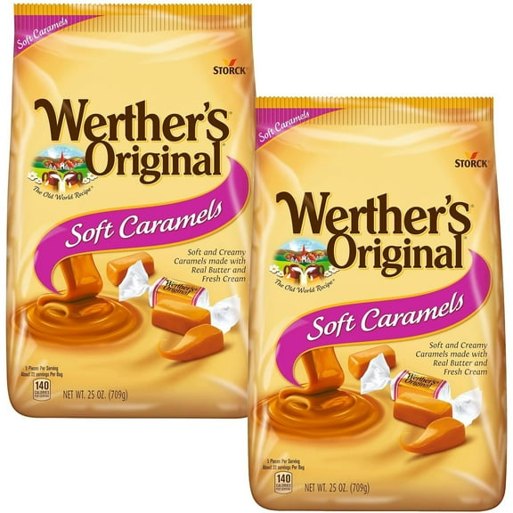 Werthers Soft Caramel, Original Caramel Cream 25 Ounce Bags Pack of 2 - Individually Wrapped Werther Chewy Caramels - The Hampton Popcorn & Candy Company