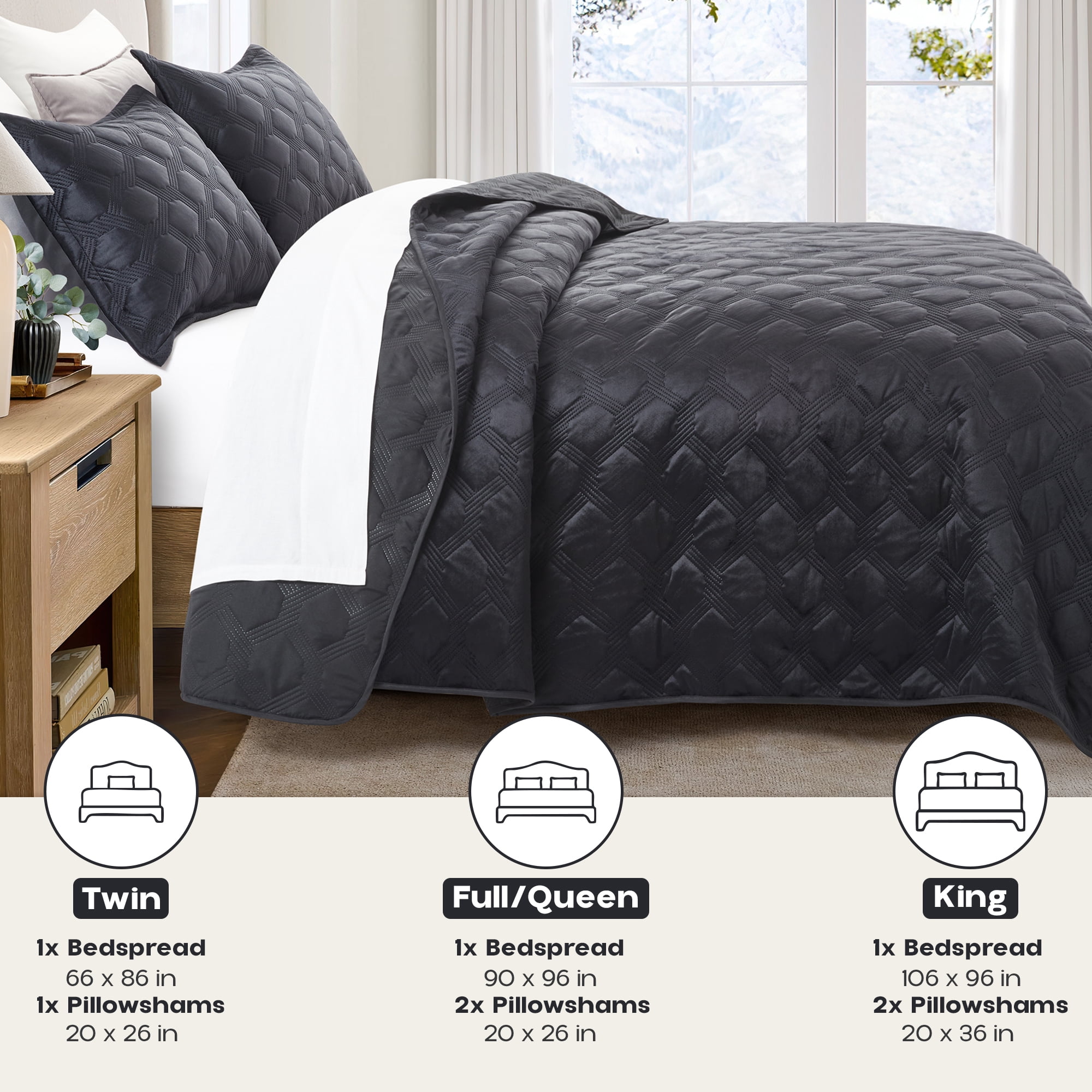 Ameha Velvet Bedspread King Size 3 Piece Set Black Geometric Quilt Ultra Soft Lightweight Reversible Washable Bedding 350GSM