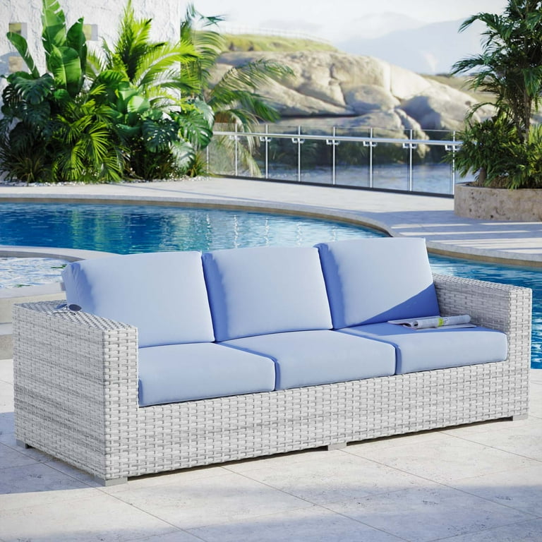 Lounge Sofa Rattan Wicker Light Grey Gray Light Blue Modern Contemporary Urban Design Outdoor Patio Balcony Cafe Bistro Garden Furniture Hotel