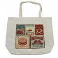 thumbnail image 1 of Retro Shopping Bag, Nostalgic Tin Signs Mexican Food Prints Aged Advertising Logo Style Design, Eco-Friendly Reusable Bag for Groceries Beach and More, 15.5" X 14.5", Cream, by Ambesonne, 1 of 2