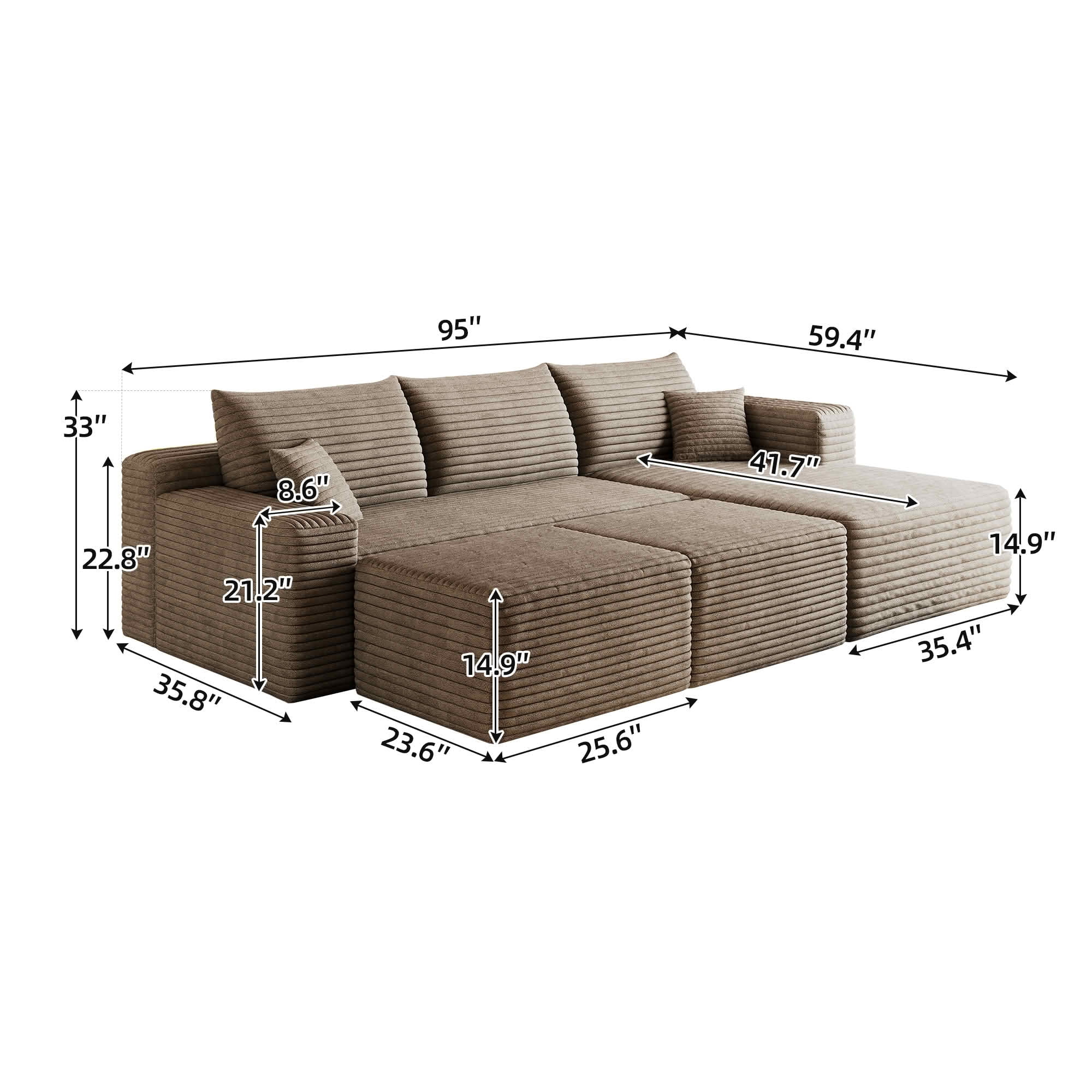 MAYEERTY 95" Corduroy U-Shaped Sectional Sofa with 2 Ottomans, Deep Seat Cloud Couch, No Assembly Leisure Sofa for Home