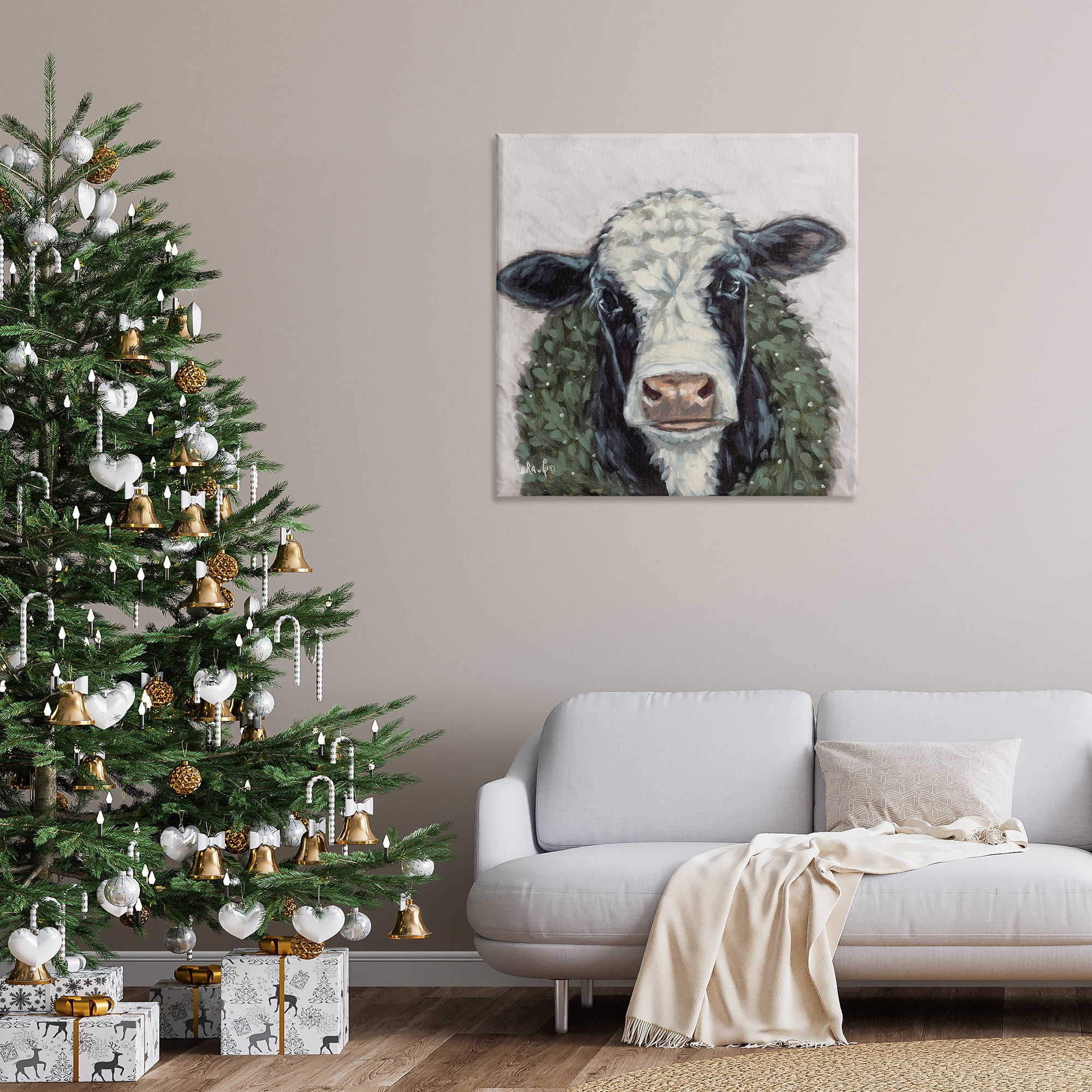Stupell Industries Spotted Cow with Wreath Holiday Painting Gallery Wrapped Canvas Art Prints Wall Art, 36 x 36