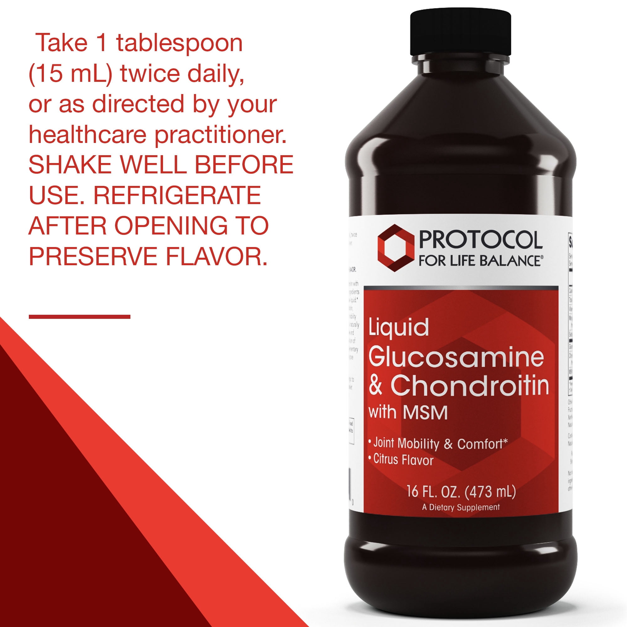 Protocol For Life Balance - Liquid Glucosamine and Chondroitin with MSM - Supports Joint Mobility and Comfort in Easy to Swallow Liquid Format - Citrus Flavor - 16 Fl oz (473 mL)
