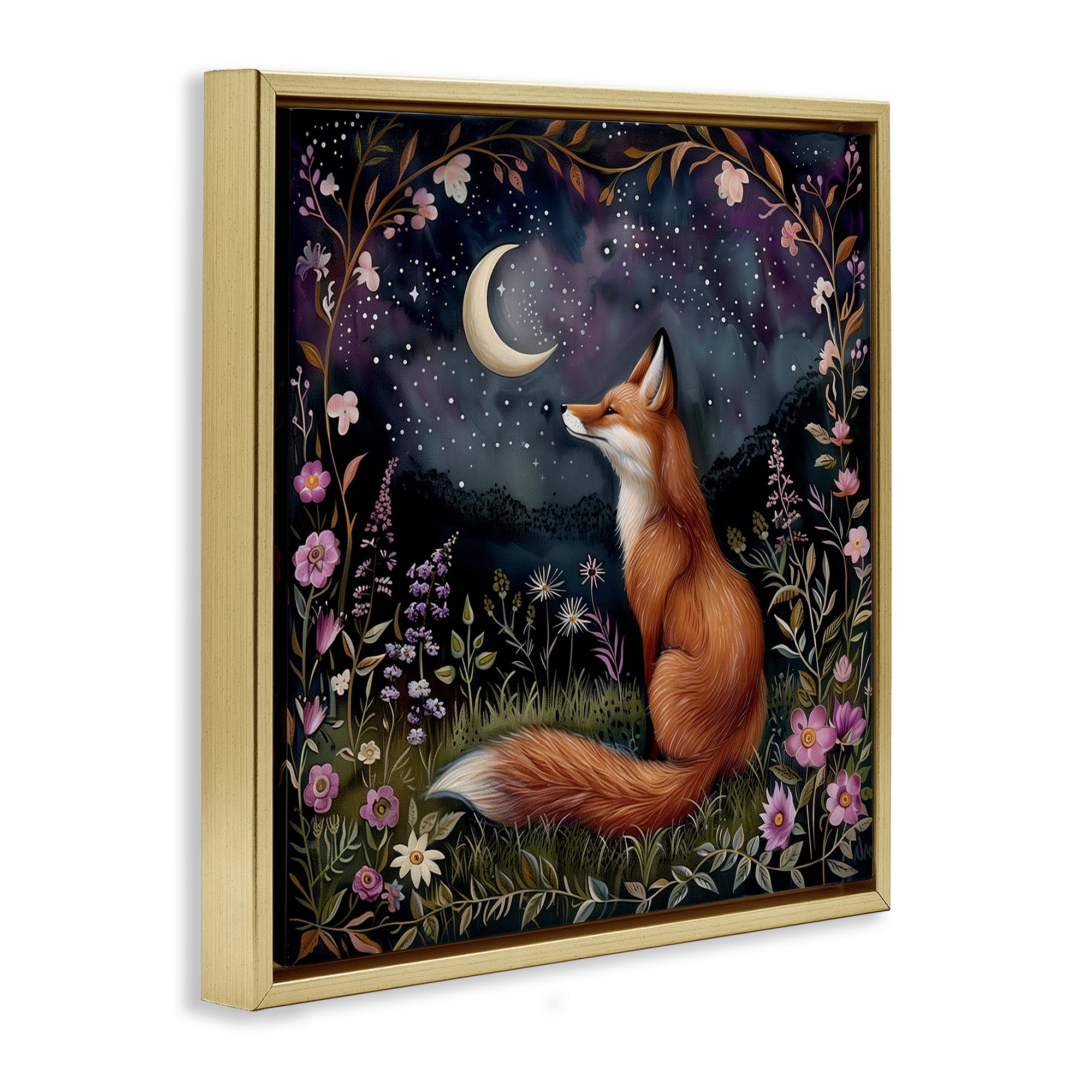 Stupell Industries Woodland Fox Night Forest Animals Painting Gold Floater Framed Canvas Art Print Wall Art, 25 x 25