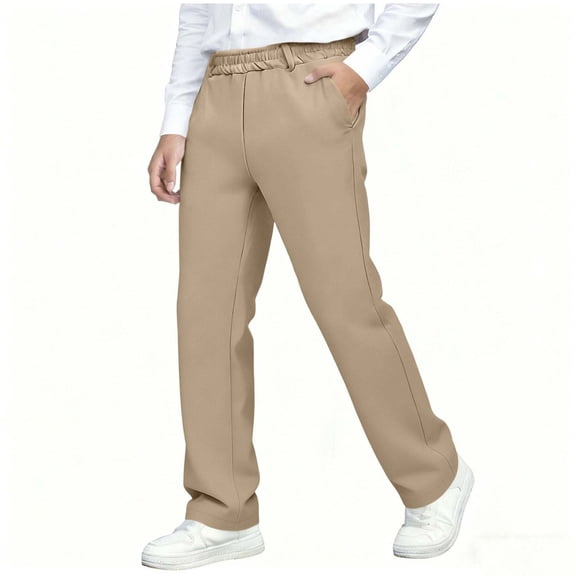 dazeni Khaki Pants for Boys Kids Straight Leg School Uniform Pants Comfy High Waisted Trousers with Pocket Solid Casual Lounge Pants for Teen Khaki 11-12 Years