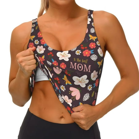 Qokaie To The Best Mom Pattern Womens Scoop Neck Sports Bra Breathable Workout Vest Padded U Back Medium Impact Fitness Gym Yoga Bra Workout Crop Top