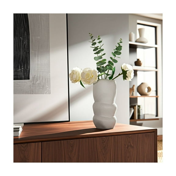 Modern Textured Ceramic Vase - Stoneware Tall Decorative Flower Holder for Home, Office, Bedroom & Living Room - Stylish Minimalist Design - 12" White