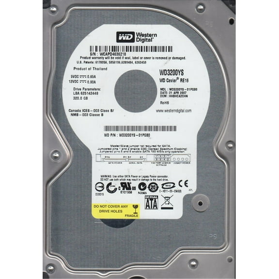 WD3200YS-01PGB0, DCM HHBHCA2CH, Western Digital 320GB SATA 3.5 Hard Drive