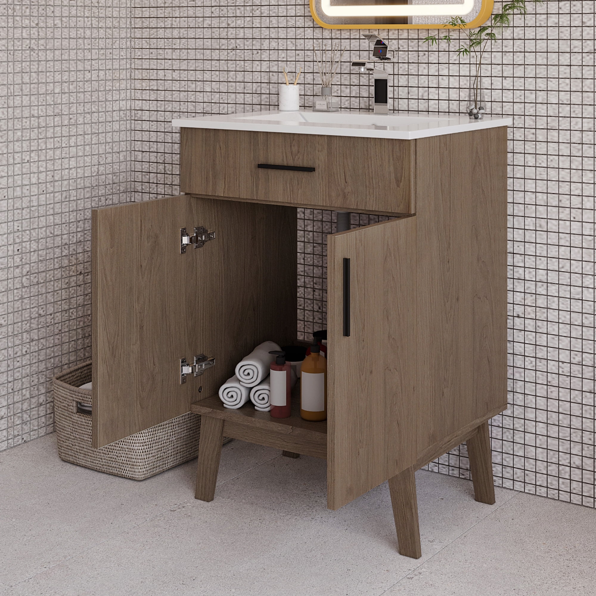 24" Bathroom Vanity with Sink, Vanity Combo with Two Soft Close Cabinet Doors, Modern Single Bathroom Cabinet Set with Metal Handles (Brown with Sink, 24)