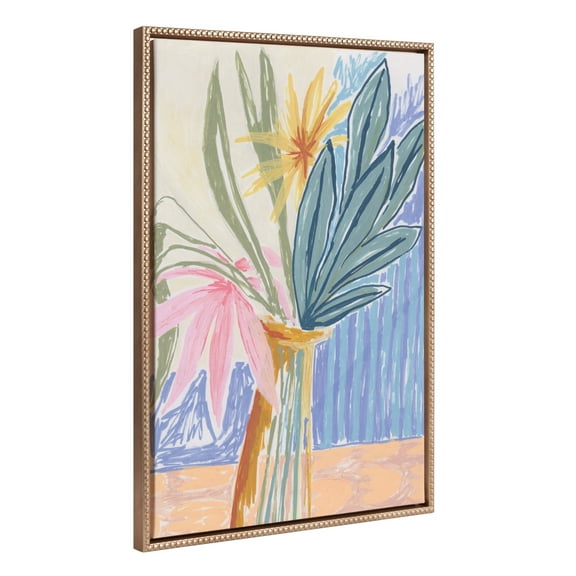 Kate and Laurel Sylvie Beaded August Bouquet Vintage Framed Canvas Wall Art by Kate Aurelia Holloway, 23x33 Gold, Colorful Abstract Flower Vase Art for Wall