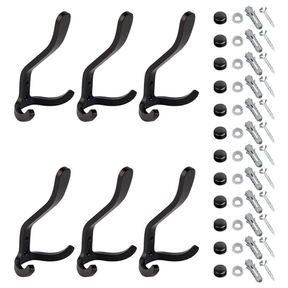 GROWTH TANK 6 Pieces Heavy Duty Double Robe Hooks Handbag Bag Hanger Hooks for Towel, Jacket Black