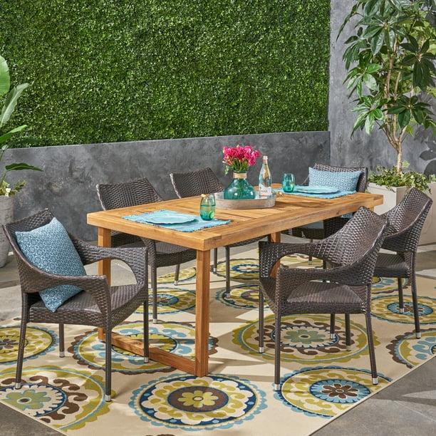Amina Outdoor 7 Piece Acacia Wood Dining Set With Stacking Wicker Chairs Sandblast Natural Stained Multi Brown Com Amina Outdoor 7 Piece Acacia Wood, Homemakers Patio Furniture