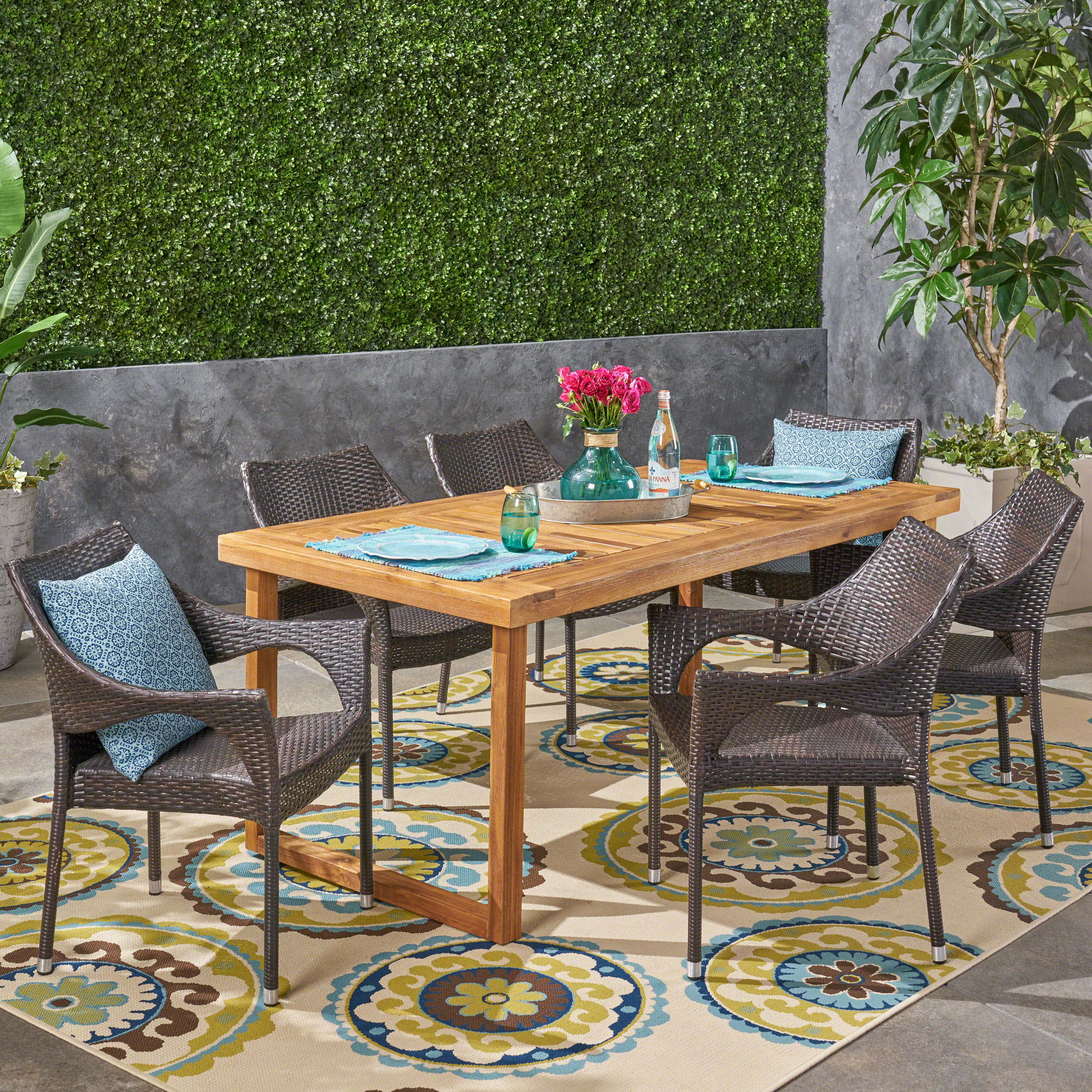 Noble House Amina 7 Piece Acacia Wood Patio Dining Set with Stacking Wicker Chairs