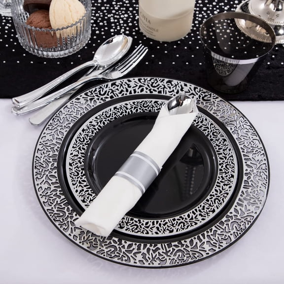 210PCS Black and Silver Dinnerware Set for 30 Guests
