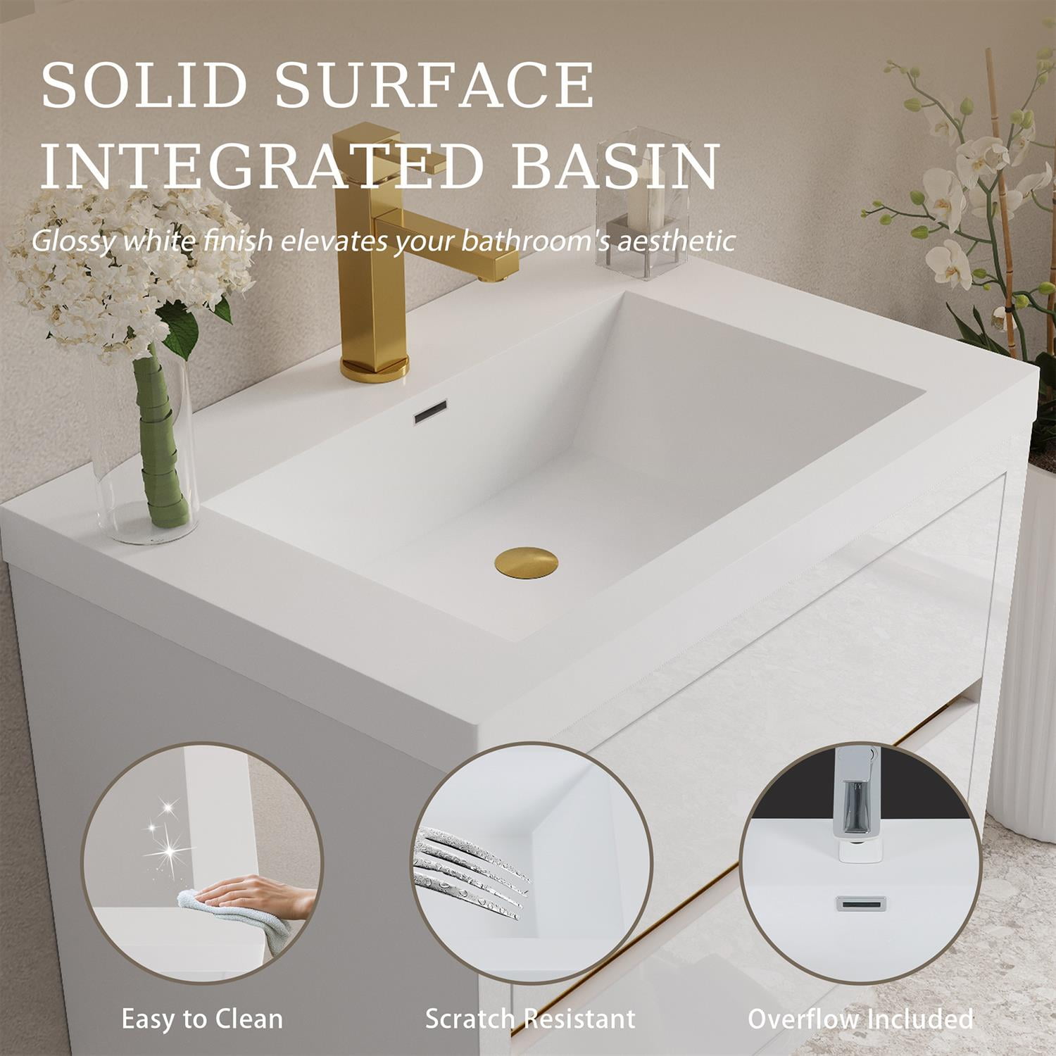 Demi Bonn 29" Wall-Mounted Bathroom Vanity with Sink, Stone Resin Countertop and 2 Soft Close Drawers, Faucets and Drains Not Included, White