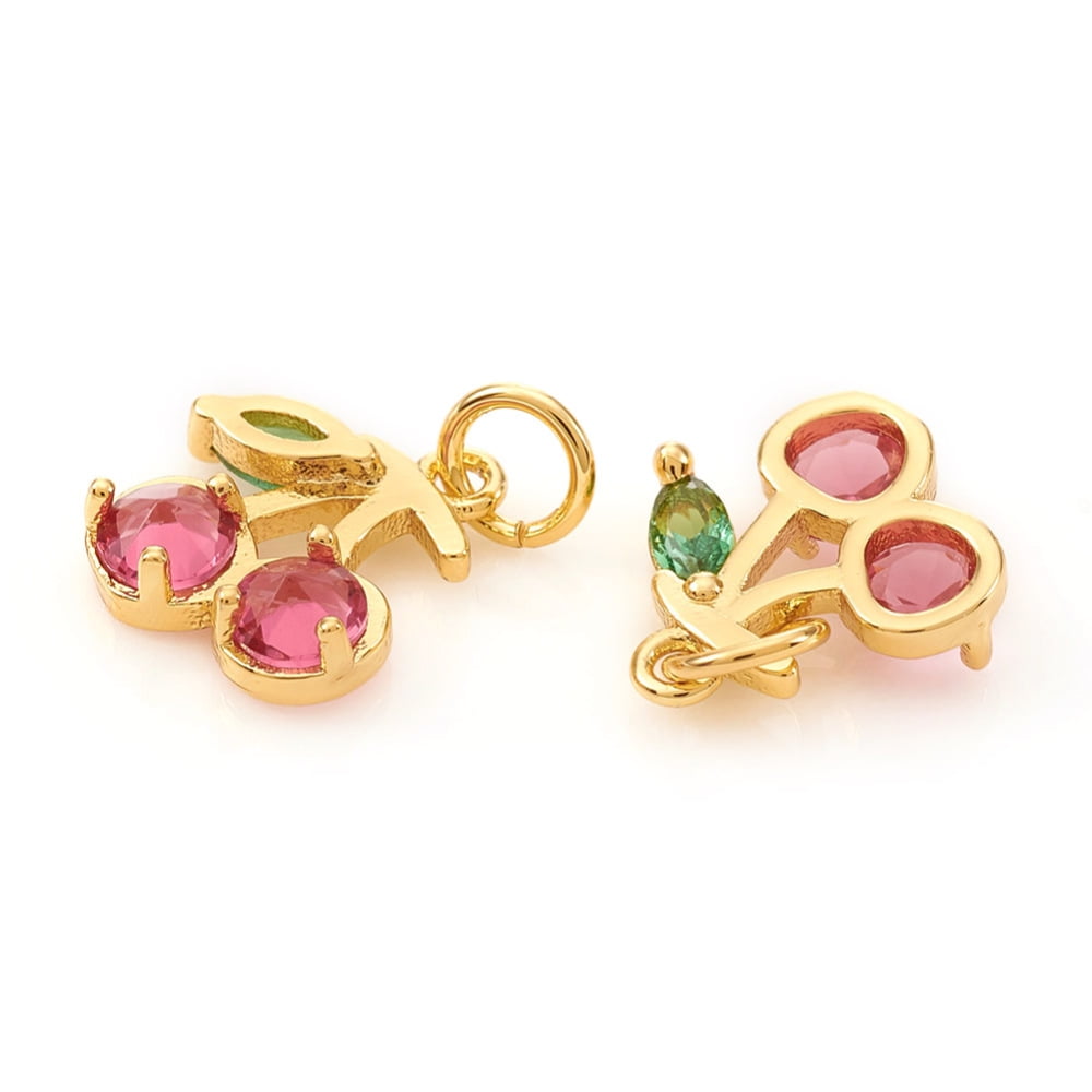 Brass Micro Pave Cubic Zirconia Charms with Jump Rings Cherry Cerise & Green Real 18K Gold Plated 10x8x2.5mm Jump Ring: 4x0.6mm Hole: 2.5mm