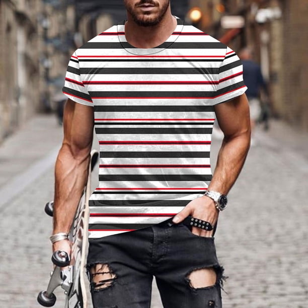 Tops para hombre, blusas y camisas de manga corta con cuello redondo para hombre, blusas de manga corta con cuello redondo y estampado de rayas para hombre, blusa para hombre