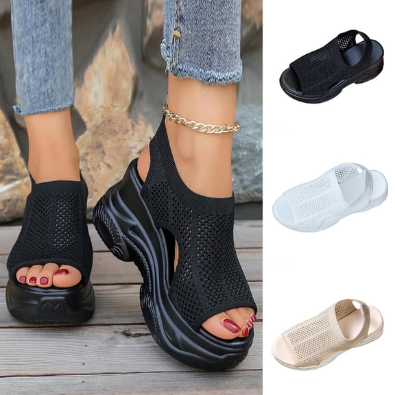 Women's Platform Sandals, Breathable Knit Open-Toe Slip-On Shoes, Comfortable Wide Width Casual Dress Sandals for Daily Walk Summer, Black/White/Beige