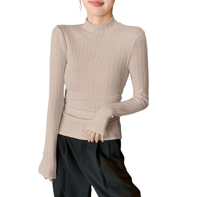 Jacenvly Hauts à Manches Longues pour Femmes Liquidation Hauts à Manches Longues Unis Col Montant Couche de Base à la Mode Hauts pour Femmes en Liquidation