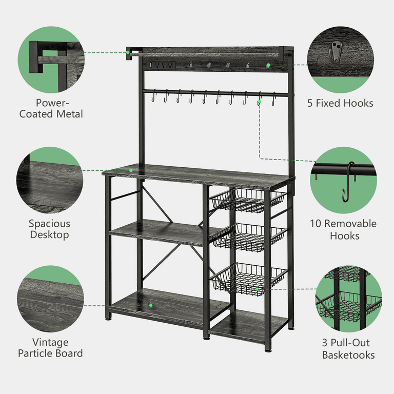 Biemlerfn Kitchen Bakers Rack 39.8 Wide 5 Tiers Power Outlets Coffee Bar Table Oak Gray Walmart