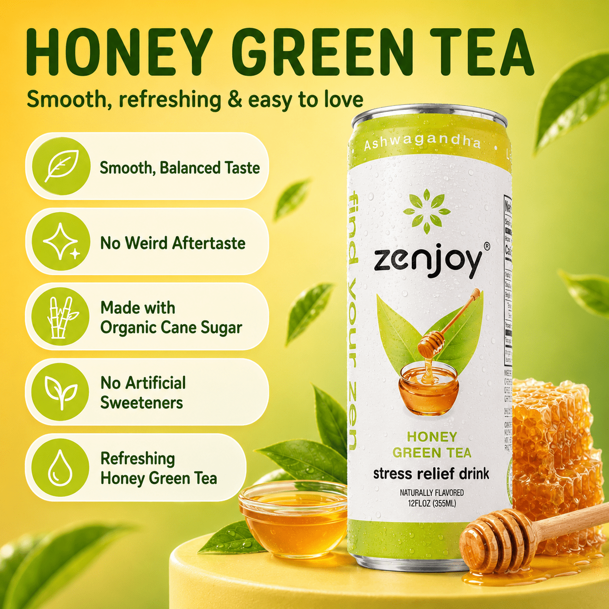Zenjoy Stress Reief Drink, Calming Green Tea, Non Alcoholic, Ashwagandha & Lemon Balm for Stress Relief, L - Theanine for Focus (12 Pack) (Honey)
